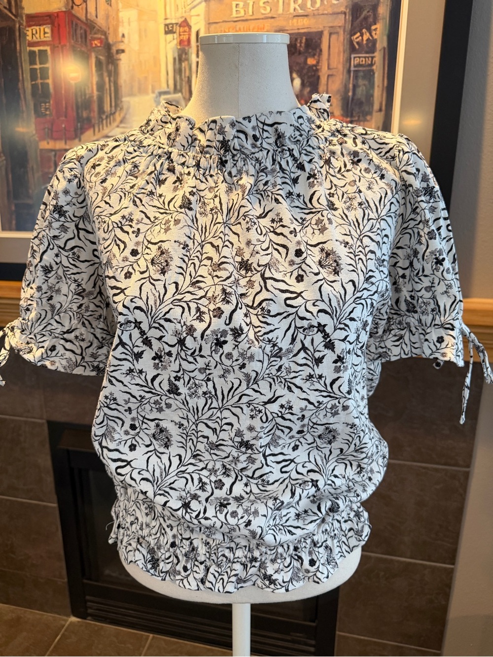 Linen White and Black Floral Smocked Neck Short Sleeve Blouse